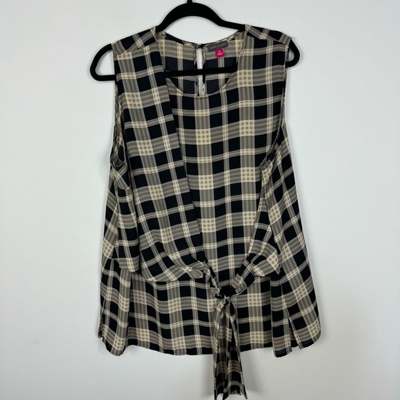 Vince Camuto Plaid Goth Tie Front Gathered Tank top Blouse Office - Picture 1 of 4